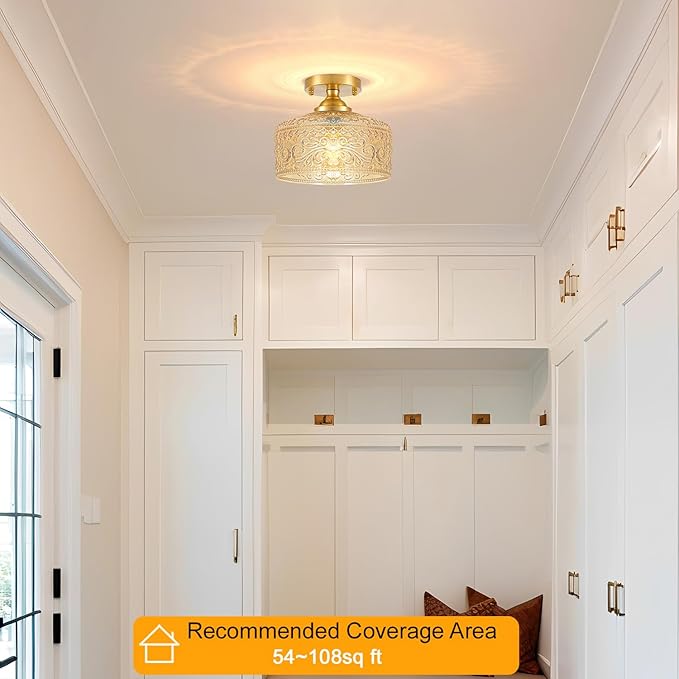 Small Semi Flush Mount Ceiling Light Fixture, Vintage Gold Close to Ceiling Lighting with Amber Etched Glass Shade for Hallway, Kitchen, Entryway (Retro Design, Easy Install)