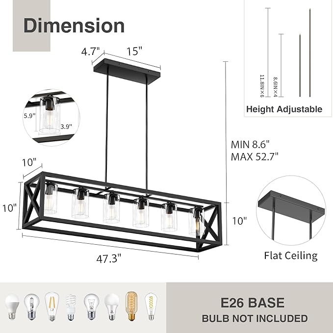 Espird Farmhouse Dining Room Light Fixture - 6 Light Kitchen Island Lighting with Adjustable Height & Thickened Metal Dining Room Light Fixture Over Table，Chandeliers for Dining Room&Kitchen Island