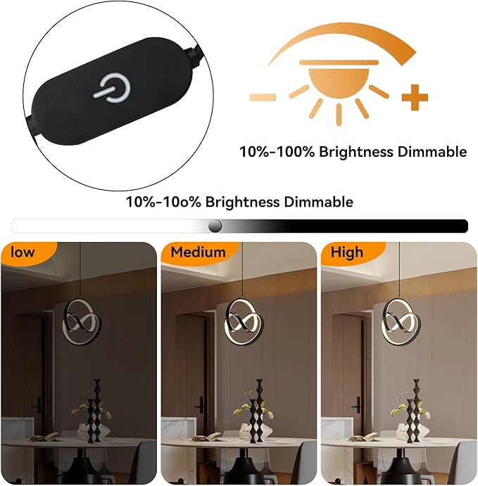 3000~6000K Plug in Pendant Light Fixtures, Touch Switch Hanging Lamp Plug in Modern Pendant Lamp, Black Hanging Light for Kitchen Island, Bedroom, Dining Room, Living Room,1 Pack