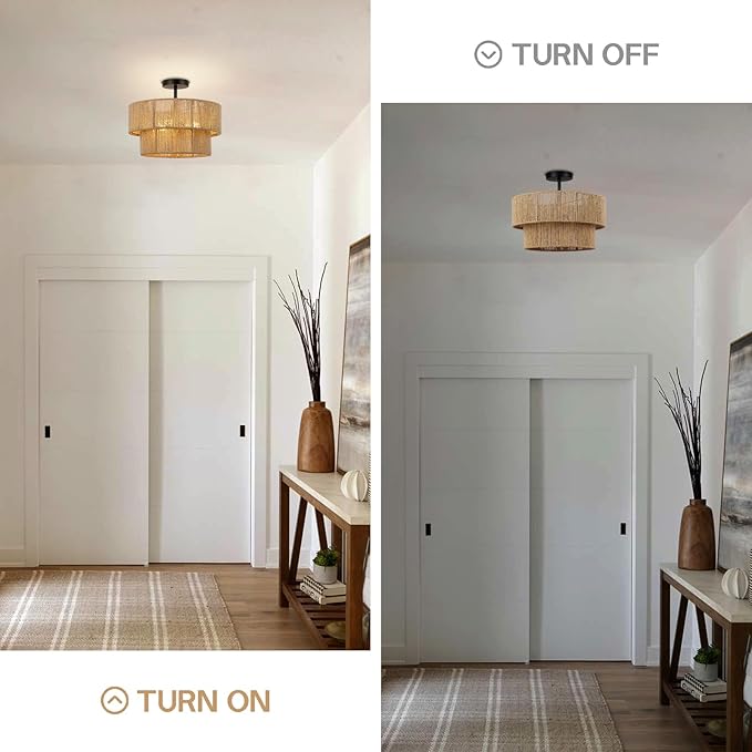 15.7'' Boho Light Fixtures Ceiling Mount, Coastal Hemp rope Semi Flush Mount Ceiling Light Fixture,3-Light Rattan Light Fixtures With 2-Tier Drum Shade, Farmhouse Chandelier Bedroom Ceiling Lamp