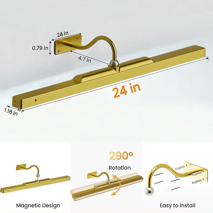 2 Pack Picture Art Lights - 24 Inch 6000mAh Gold Cordless Battery Powered Art Light with Dimmable Remote for Living Room, Artwork & Dartboard