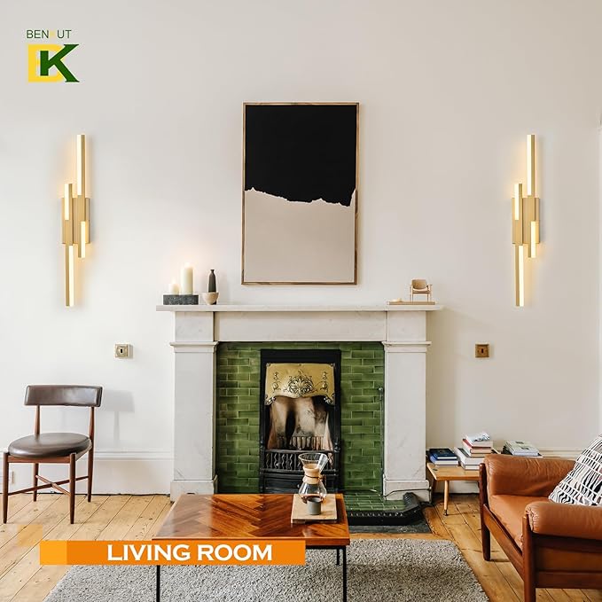 Benkut Modern LED Vanity Lights Set of 2, Gold Wall Sconce with Remote Control Dimmable Indoor Wall Light Bedside Remote Sconce for Bedroom Bathroom Living Dining Room (27.6inch 2 Pack)