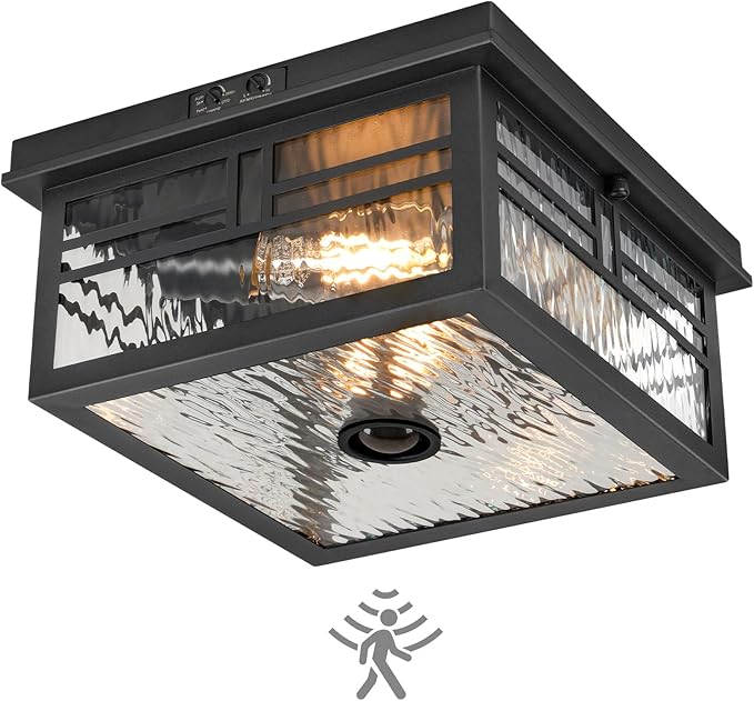 Infrared Sensor Outdoor Ceiling Light, Flush Mount Motion Sensor Ceiling Light, 2-Light Black with Ripple Glass, Bulbs Not Included, 4 Modes, for Porch, Garage, Hallway, Patio,BS07XD05W1