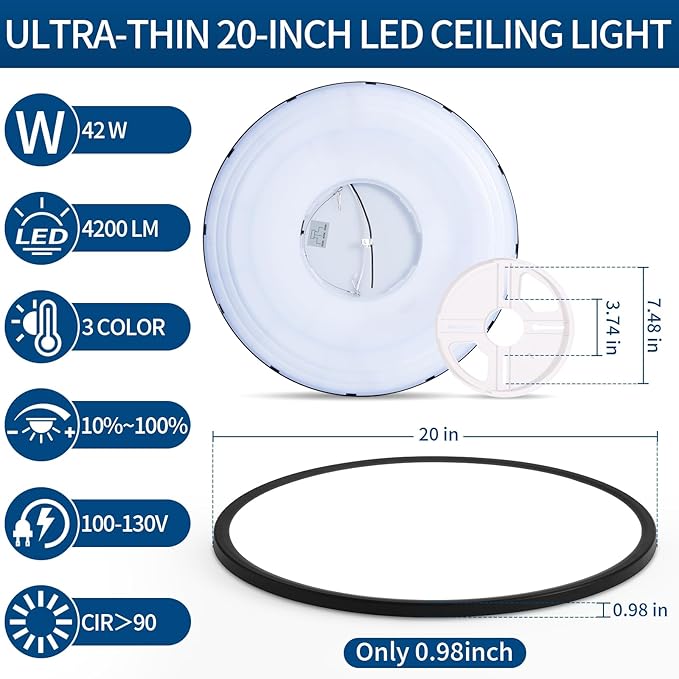 20 Inch Flush Mount Ceiling Light, 42W 4200LM, Dimmable & 3000K/4000K/6500K Selectable, Modern Black Led Ceiling Light Fixture for Dining Room, Kitchen, Bedroom, Office, Hotel, Wired