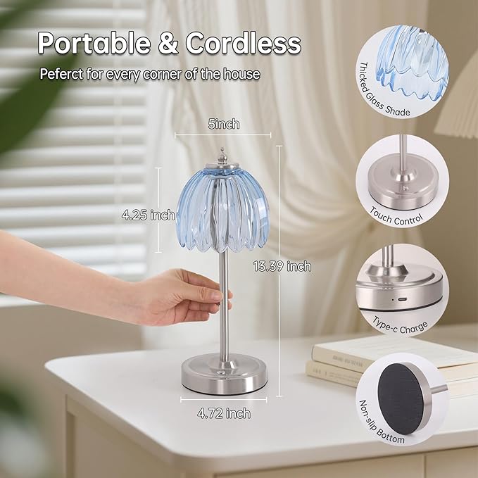 Shenmoyl Rechargeable Table Lamp with 5200mAh Battery & Touch Control - 3 Adjustable Color Temperatures, Cordless Dimmable Table Light for Bedroom, Office Desk, Nightstand(Clear Light Blue,1 Pack)