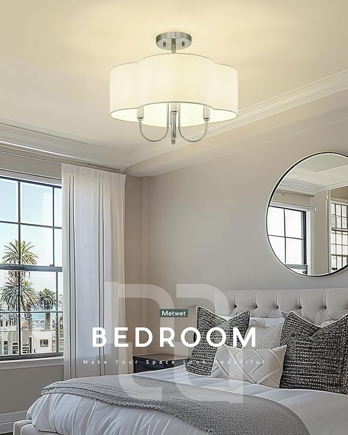 4-Light Semi Flush Mount Ceiling Light, 18" Vintage Light Fixtures Ceiling Mount with Fabric Shade in Quatrefoil for Kitchen Entryway Hallway Bedroom, Brushed Nickel, SM179-BN-L