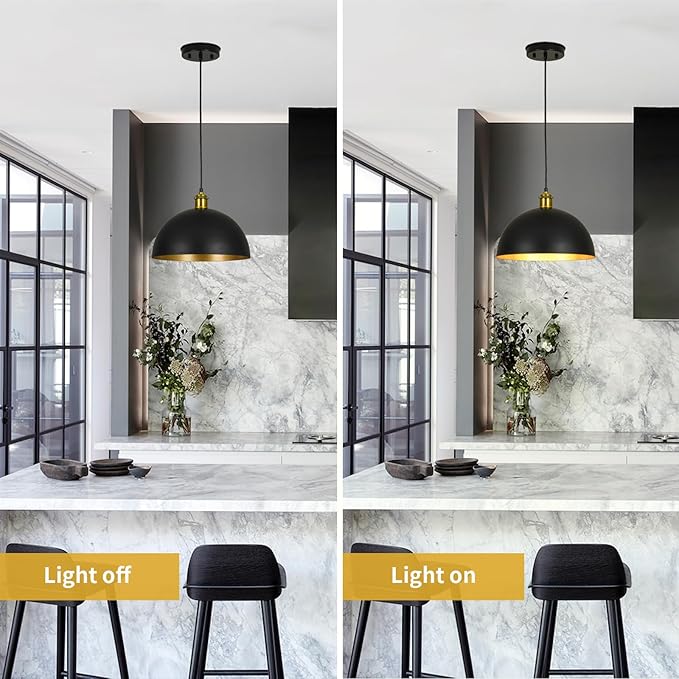 Pendant Lights Kitchen Island - 12-Inch Farmhouse Dome Hanging Light Fixture, Black and Gold Industrial Ceiling Light Adjustable Kitchen Pendant Lighting for Dining Room, Bedroom, Living Rooms