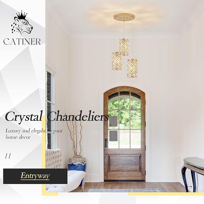 CATINER 3-Light Modern Gold Crystal Pendant Light Luxury Mini Chandelier, Adjustable Cluster Pendant Lighting for Kitchen Island Dinning Room Bedroom Hallway Porch