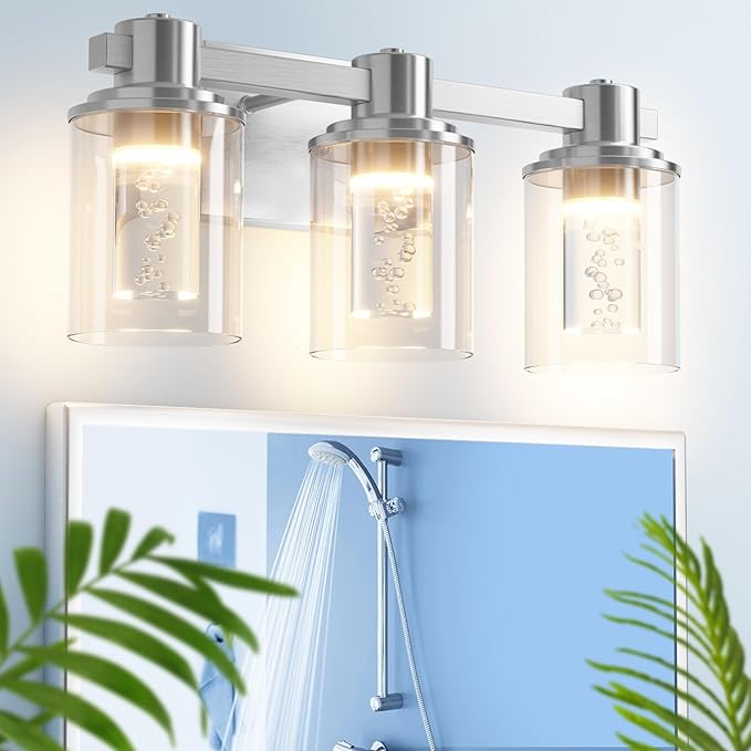 Quntis Brush Nickle Bathroom Lighting Fixtures with 5 Color Mode, 3-Light Dimmable Modern Bathroom Vanity Light Over Mirror, 21 Watt Eye Protection LED Wall Lamp 16 Inch (UL Certified, Bulbs Included)