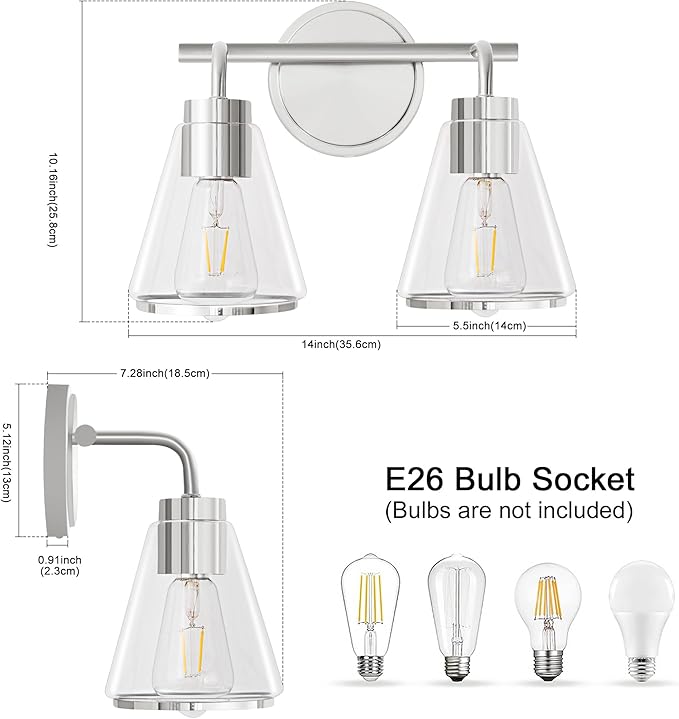 Bathroom Light Fixtures Over Mirror Polished Nickel Vanity Light 2-Lights Bathroom Vanity Lights with Clear Glass Shade 14 inch Vanity Lighting Fixtures Modern Wall Sconces Bath Light