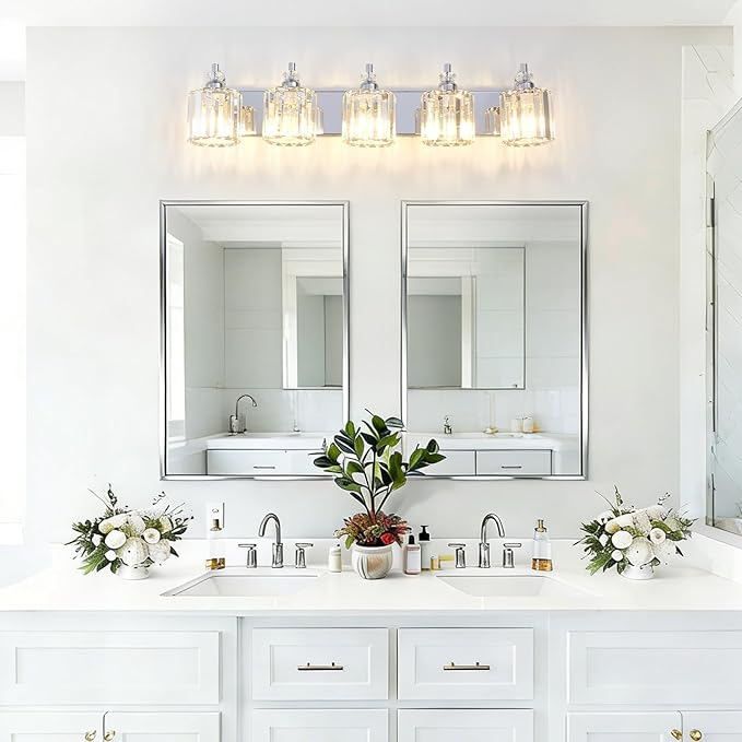 5-Light Modern Bathroom Light Fixture Chrome Bathroom Vanity Lights Over Mirror Wall Sconce Lighting with K9 Crystal Shades E26 Base for Bedroom, Living Room, Hallway Wall Lamp