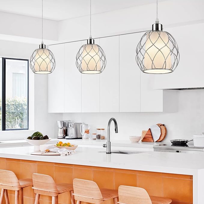 Ruzectt Plug in Pendant Light,Hanging Light with Plug in Cord,Silver Hanging Lamp with Dimmable Switch,15 ft Clear Cord,Hanging Light Fixture for Kitchen Island Living Room Bedroom (Bulb Included)
