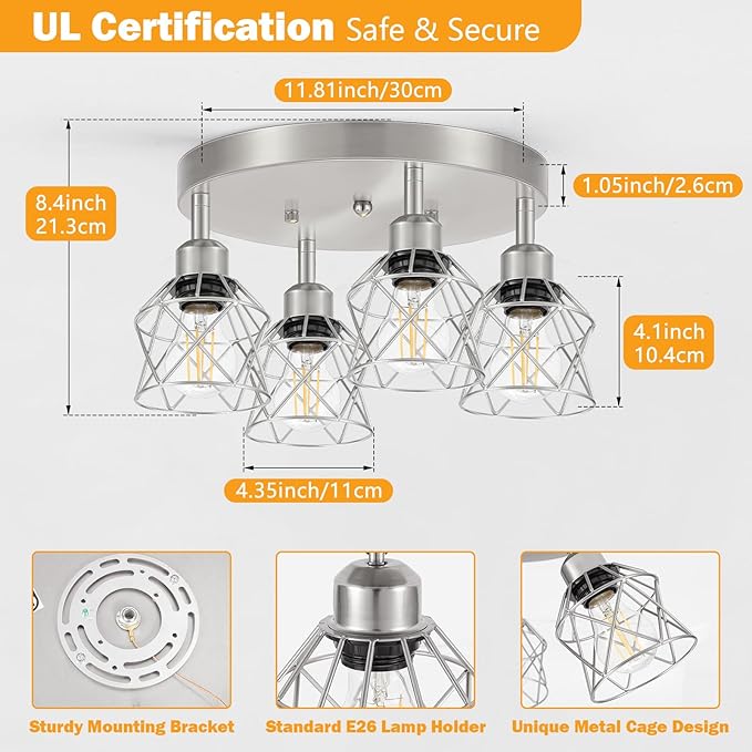 4-Light Brushed Nickel Kitchen Light Fixtures, Modern Hallway Light Fixtures Ceiling, Adjustable Multi-Directional Indoor Silver Metal Cage Close to Ceiling Lights for House Bedroom