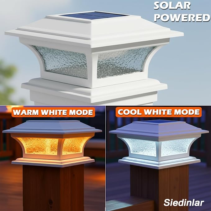 SIEDiNLAR Solar Post Lights Outdoor Glass LED Fence Cap Light 2 Modes for 4x4 5x5 6x6 Posts Patio Deck Garden Decoration Warm White/Cool White Lighting White (1 Pack)
