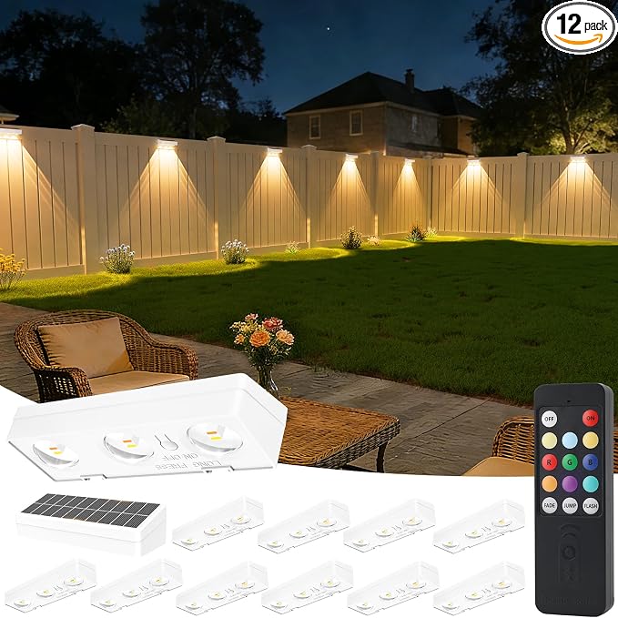 JOFIOS Solar Fence Lights with Remote 12 Pack, Color Changing RGB & Warm White, 12 Dynamic Modes, IP65 Waterproof, Solar Lights for Fence, Deck, Backyard, Patio Holiday & Party Decoration(White)