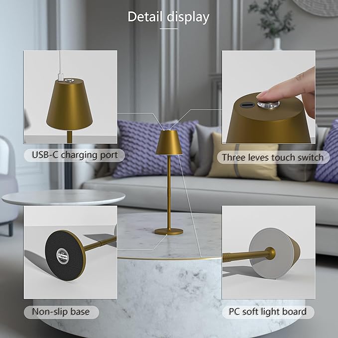 Timjorman 2-Pack Cordless Table Lamps - 5000mAh Rechargeable Battery Operated Desk Lamp, 3-Level Dimmable LED Night Light for Bedroom, Dining, Restaurant - Metal Design (Bronze 2PACK)