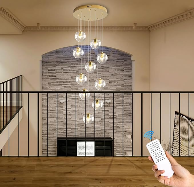 ykolupty 10-Light LED Staircase Modern Glass Globe Pendant Light Gold Chandeliers Large Chandeliers for High Ceilings, Entryway Lighting Fixture Villas and Stairs