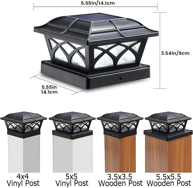 SIEDiNLAR Solar Post Cap Lights Outdoor Glass 2 Color Modes 8 LEDs for 4x4 5x5 6x6 Posts Deck Fence Patio Decoration Warm White & Cool White Lighting Black (6 Pack)
