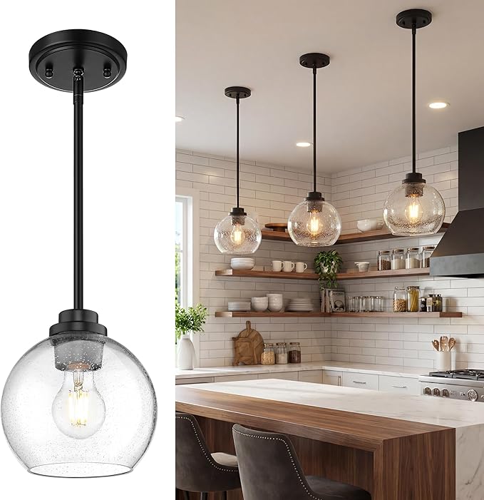 Pendant Lights Kitchen Island, 7" Modern Black Hanging Lights Fixtures with Clear Seeded Glass Globe Shade, Kitchen Island Lighting for Bathroom, AD-22280-1P-BK-S