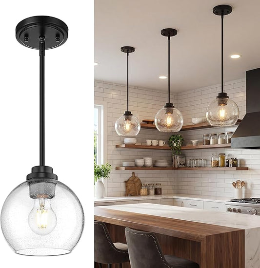Pendant Lights Kitchen Island, 7" Modern Black Hanging Lights Fixtures with Clear Seeded Glass Globe Shade, Kitchen Island Lighting for Bathroom, AD-22280-1P-BK-S