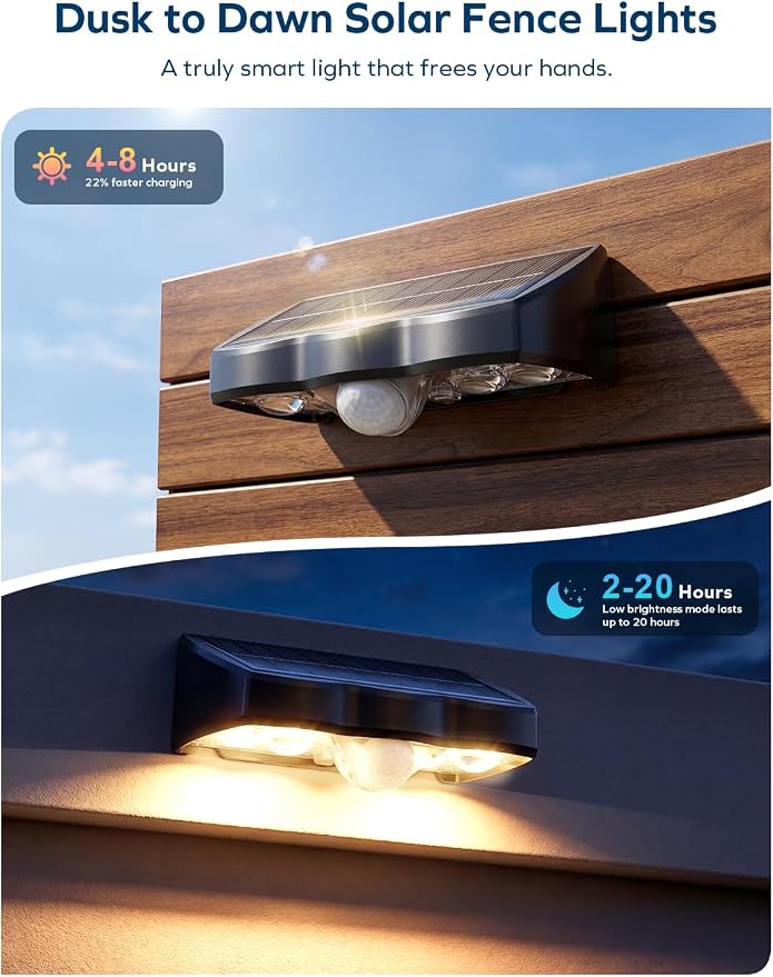 Solar Fence Lights Outdoor with Motion Sensor, 8 Pack Warm White Fence Lights Solar Powered 3 Modes IP65 Waterproof Dusk to Dawn Outdoor Lights for Patio Deck Wall Backyard Garden Decorative
