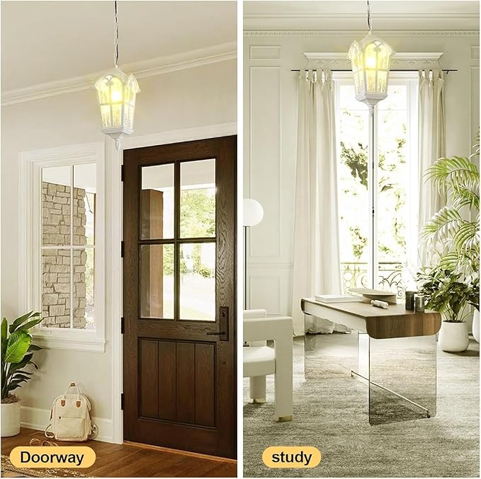 Outdoor Pendant Light for Porch Patio Garden Yard, Anti-Rust Aluminium Exterior Hanging Light Fixtures, Outside White Vintage Hanging Ceiling Outdoor Pendant Lamp Height Adjustable, 2pack