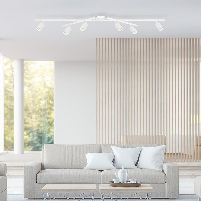Globe Electric 64000097 64" 6-Light Track Lighting, Matte White, Center Swivel Bars, Pivoting Shades, Ceiling Lamp for Bedroom, Kitchen, Hallway, Bathroom, Den, Dining Room, Home Décor