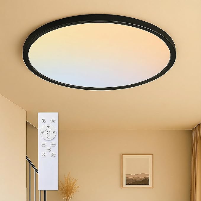 MOONSEA 16 Inch LED Flush Mount Ceiling Light, 36W Modern Round Ceiling Light with Remote Control, Dimmable 3000K-6500K Adjustable, Slim Flat Panel Lights for Kitchen Dining Room, Black