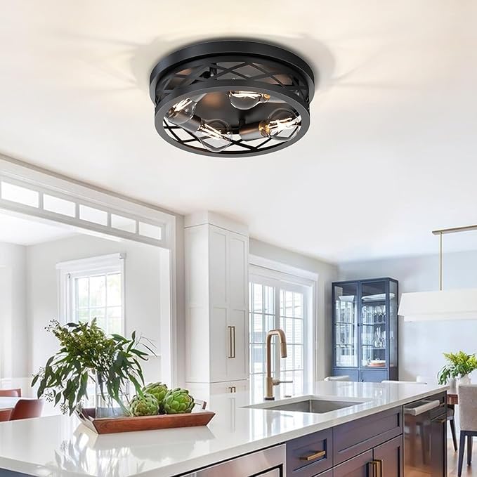 LVWIT 13.8 Inch Flush Mount Ceiling Light Fixtures, 4-Light Black Hallway Light, Round Light Fixtures Ceiling Mount for Kitchen Entryway Hall ((E26 Base, Bulbs Not Included)