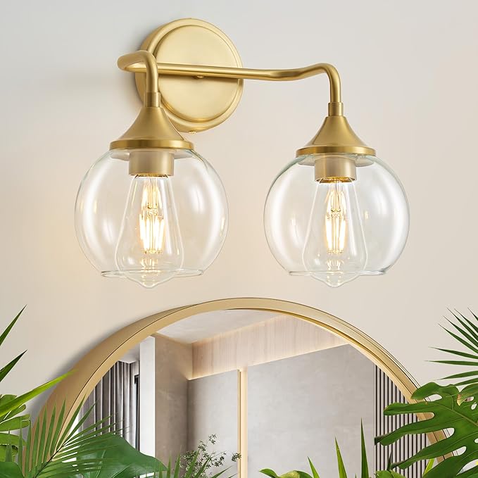 Gold Bathroom Vanity Light with Clear Glass Shade, E26 Base, 2-Light Bathroom Light Fixtures Over Mirror, 14 Inch Vanity Lights for Bathroom (Exclude E26 Bulb)