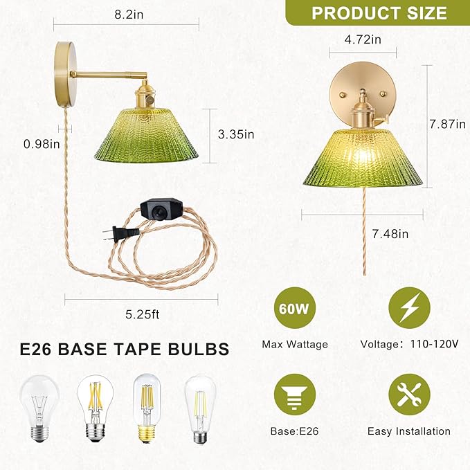 Plug in Wall Sconces Set of 2, Vintage Wall Sconce Light with Gradient Green Glass Lampshade, Bedroom Wall Sconce with Switch and Plug in wall lamp Cord, Gold Wall Light Wall Decor Set of 2