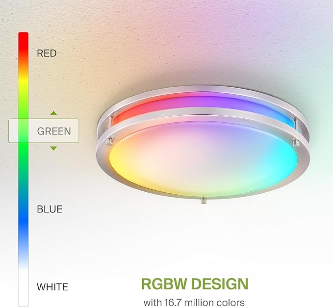 ASD LED 16" Round Flush Mount Lighting, Close to Ceiling Light Fixture | Smart, Multicolor, Dimmable, ETL Listed | 24W 1575LM RGB-2700-6500K 120V | Low Profile Double Ring Lamp | Nickel