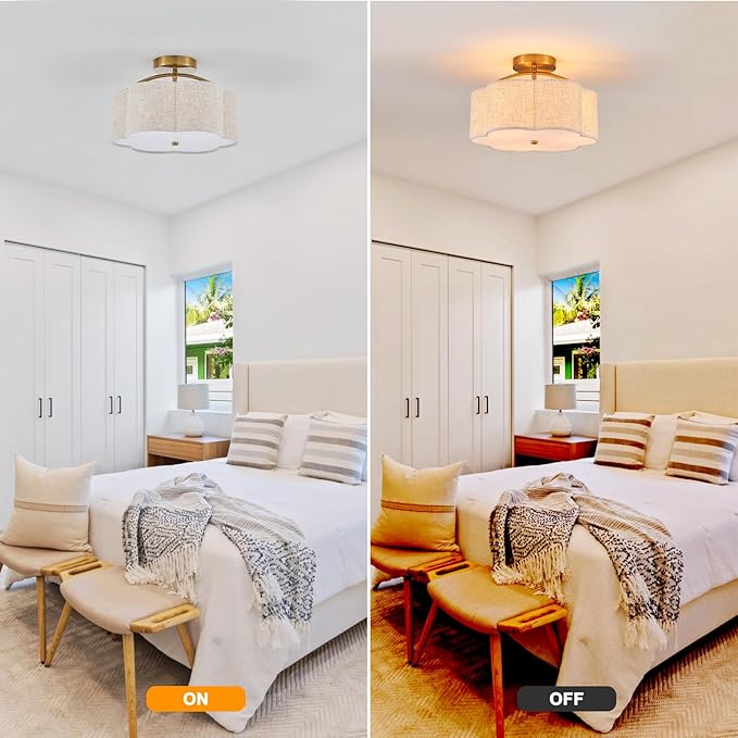 13.78" Semi Flush Mount Ceiling Light Modern 3-Lights Gold Drum Ceiling Light Fixture with Fabric Linen Shade, Vintage Modern Ceiling Lighting for Laundry Room, Kitchen, Basement, Bedroom