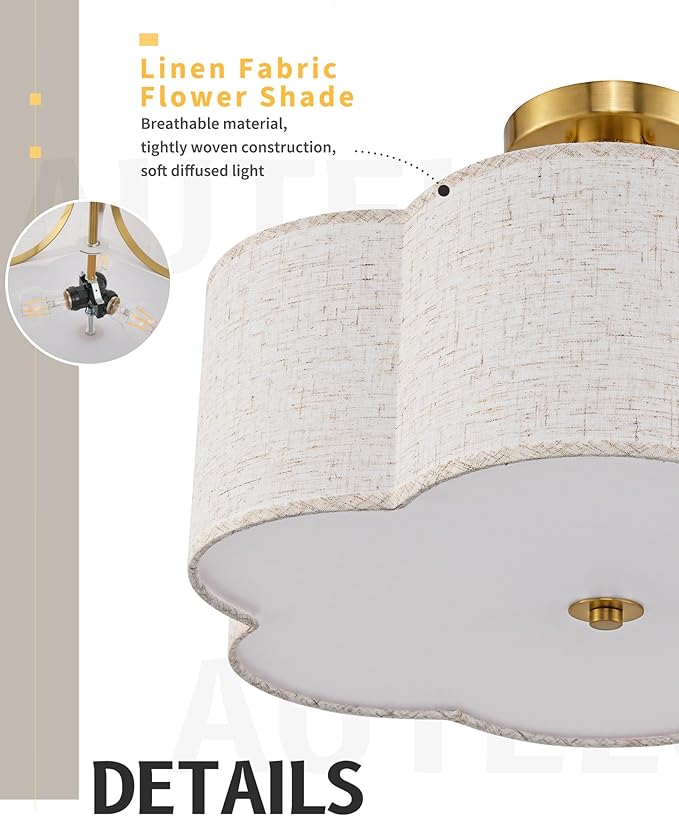 AUTELO 3-Light Modern Ceiling Light, 17.7 Inch Brushed Gold Semi-Flush Mount Ceiling Light with Flower-Shaped White Fabric, Vintage Ceiling Light for Kitchen Island Hallway, C2507 BGL-6