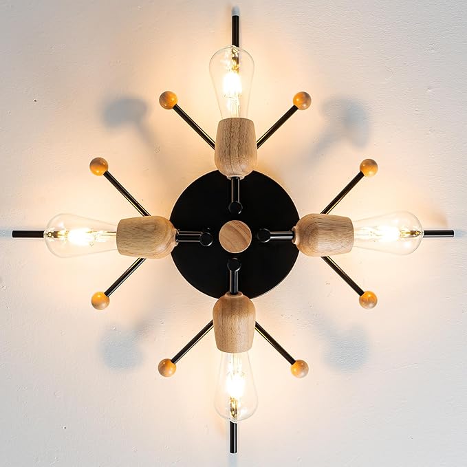 4 Light Sputnik Light Fixture Black Flush Mount Lights Industrial Ceiling Light Wood 25.24" Modern Farmhouse Ceiling Lights for Kitchen Bedroom Bathroom Foyer Hallway(E26)