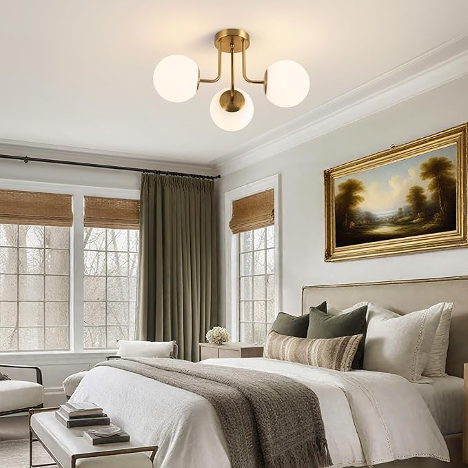 3-Light Frosted Globe Glass Ceiling Lights, Modern Semi Flush Mount Ceiling Light, Gold Sputnik Chandelier Lighting Fixture for Bedroom Living Room Entryway (Bulb Included)