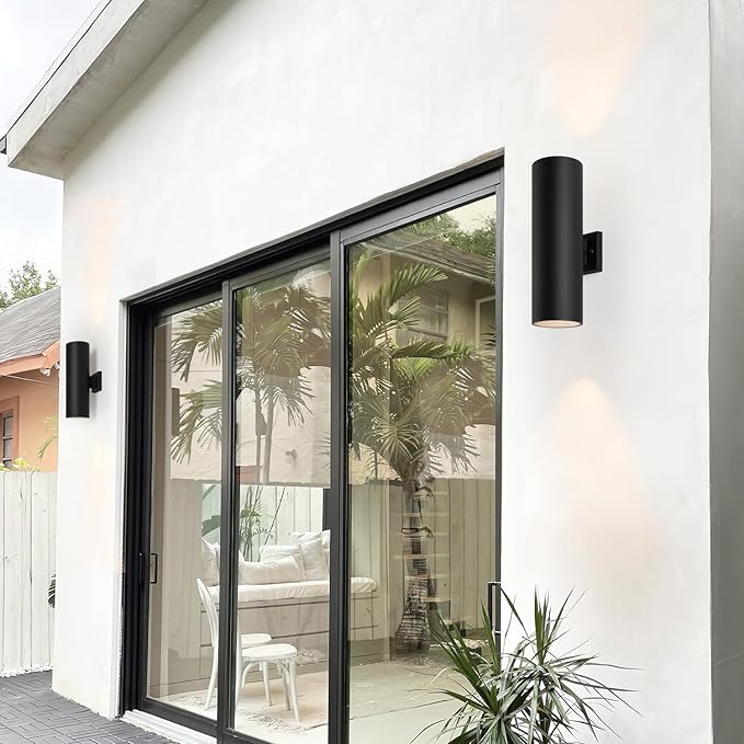 mirrea 18" Modern Outdoor Porch Light Patio Light in 2 Lights with Aluminum Cylinder and Tempered Glass Cover Waterproof Wall Sconce 2 Pack (Matte Black)