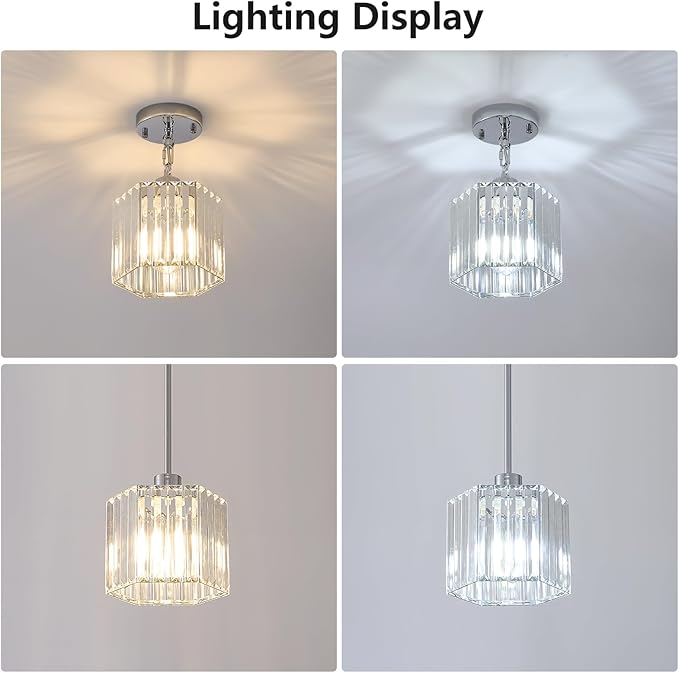 XSDeTu 2 Pack Crystal Pendant Light Fixtures, Modern Chrome Hanging Light, 1-Light Small Farmhouse Chandelier, Adjustable Hexagonal Cage Pendant Lighting for Kitchen Island, Dining Room, Bedroom