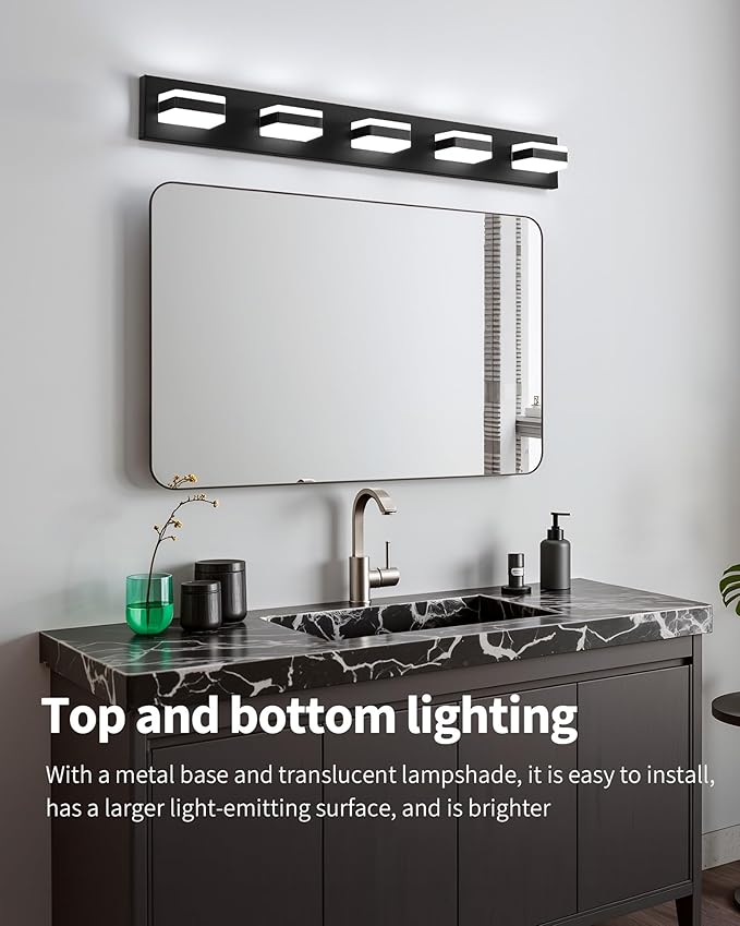 Bathroom Lighting Fixtures Over Mirror, 5 Light Bathroom Vanity Light Fixtures with Cool White 5000K, Matte Black LED Modern Vanity Wall Lights for Bath, Dressing Room, Restroom, 37.4 inch