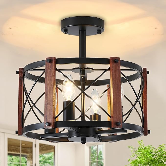 4-Light Rustic Farmhouse Semi Flush Mount Ceiling Light, Modern Entryway Hallway Light Fixtures Oak Wood Drum Kitchen Lights Black Close to Ceiling Light for Kitchen Bedroom Dining Room Foyer Lighting