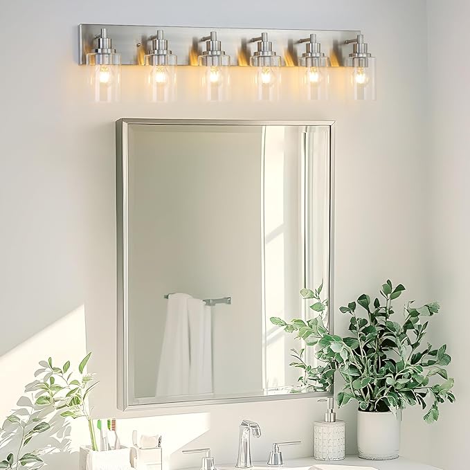 LOUSACE 6 Light Bathroom Vanity Light Brushed Nickel, Bathroom Lighting Fixtures with Clear Glass Shades Over Vanity Mirror, Modern Wall Sconces Fixtures for Bedroom Living Room, E26 Socket