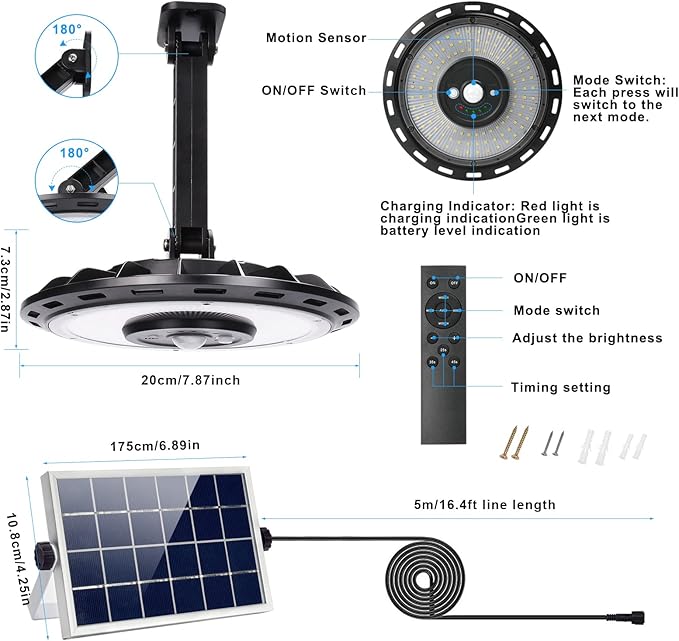 INDARUN Indoor Outdoor Solar Shed Lights, Solar Motion Lights Outdoor Waterproof, with 5 Modes & Remote Control, Up to 3000LM, Pendant Lights for Porch Gazebo, Garage, Barn Light for Chicken Coop