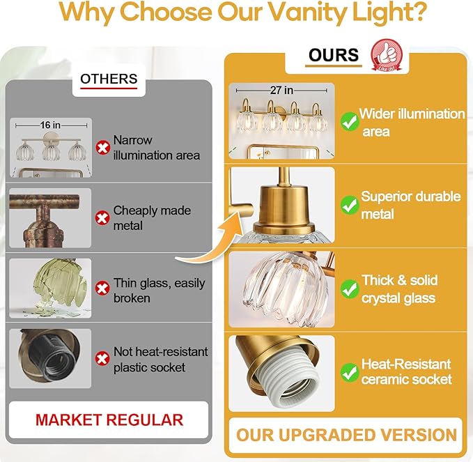 4-Light Bathroom Light Fixtures, 27" Brushed Gold Vanity Lights for Bathroom with Ribbed Clear Tulip Glass Shade, Vintage Bathroom Vanity Lighting Fixtures Over Mirror for Bedroom Living Room Hallway