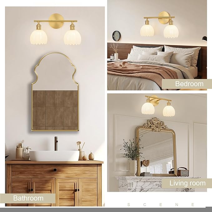 Gold Bathroom Light Fixtures Over Mirror, 2 Light Bathroom Vanity Light Fixture with Tulip Milk White Glass Lampshade, Vintage Vanity Lights for Bathroom, Bathroom Vanity Lights Over Mirror