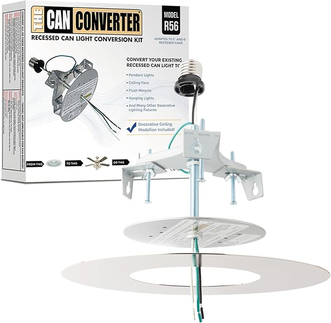 The Can Converter R56 Recessed Can Light Conversion Kit w/ 7"¾ Flat Ceiling Medallion - Home Improvement for 5" & 6" Cans, Converter Kit for Ceiling Fan & Light Fixture, UL Certified, Polished Nickel