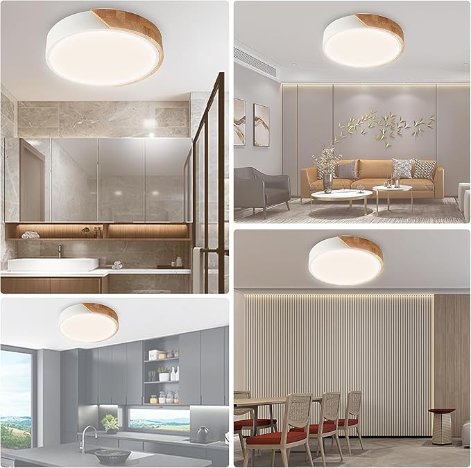 Wood LED Flush Mount Ceiling Light, 3CCT 3000K-6500K Modern Round Close to Ceiling Lighting Fixtures,12 Inch Minimalist White Ceiling Lamp for Living Room, Bedroom, Laundry Room, Not Dimmable