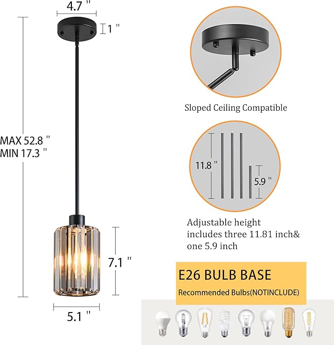 Modern Mini Crystal Pendant Lights Chandeliers Adjustable Sloped LED Hanging Ceiling Fixture Glass small Crystals for Kitchen Island Bathroom Living Room, Dining Room, Hallway, Bar 1PC (Black)