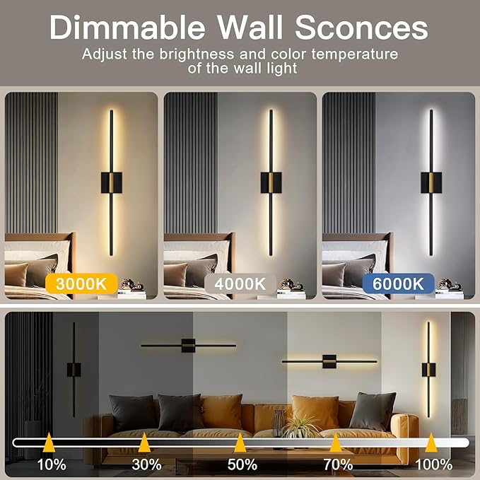 TaoFiaCo Battery Operated Wall Sconces Set of Two, Battery Wall Sconce with Remote Control, Black Gold Modern LED Rechargeable Wireless Sconces, Wall Lights for Bedroom, Living Room, 2Pack, 31.5Inch