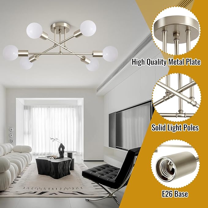 Nickle Modern Sputnik Chandelier Ceiling Light Fixture,6-Light Dining Room Light Fixture,Industrial Metal Kitchen Lighting Fixtures Ceiling,Angle Adjustable Semi Flush Mount Ceiling Light for Bedroom
