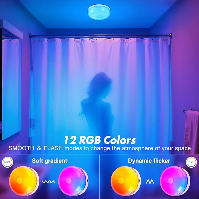 4-Pack Rechargeable Shower Light No Wiring, 15 RGBW Color Changeable Waterproof Lights for Shower with Remote(Dimmable＆Timer), LED Light for Inside Shower, Wireless Mood Lighting for Bathroom, White